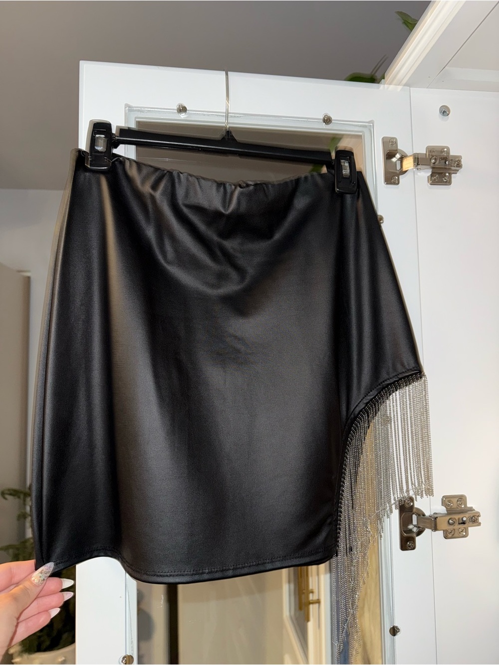 Black Faux Leather Mini Skirt with Silver Fringe